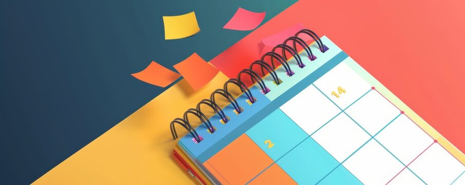 Colorful spiral-bound calendar with sticky notes on vibrant background, ideal for organization and planning concepts.