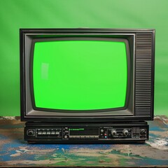 High-quality image of an old black vintage TV from the 1980s to 2000s with a green screen for adding new images