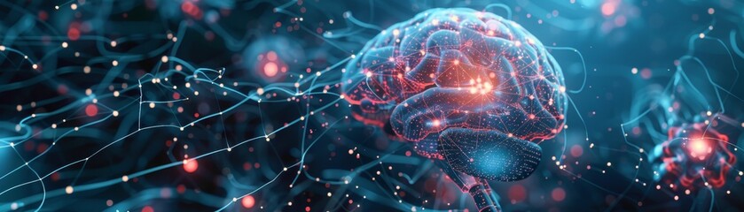Digital illustration of a neural network and brain, showcasing the connection and complexity of artificial intelligence technology.
