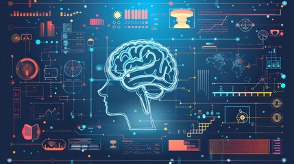 Digital illustration of a human brain with futuristic HUD elements depicting AI, data science, and innovative technology concepts.