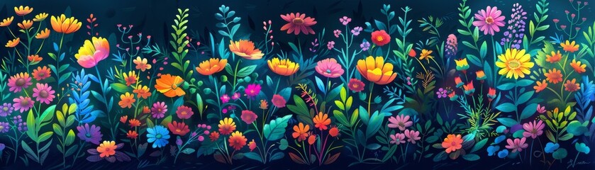 Bright and colorful floral artwork featuring various flowers and foliage, perfect for spring and summer themes and background designs.