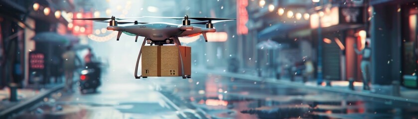 Drone delivering a package in a city street at dawn, showcasing modern urban technology and convenience with lights and pedestrians in the background.