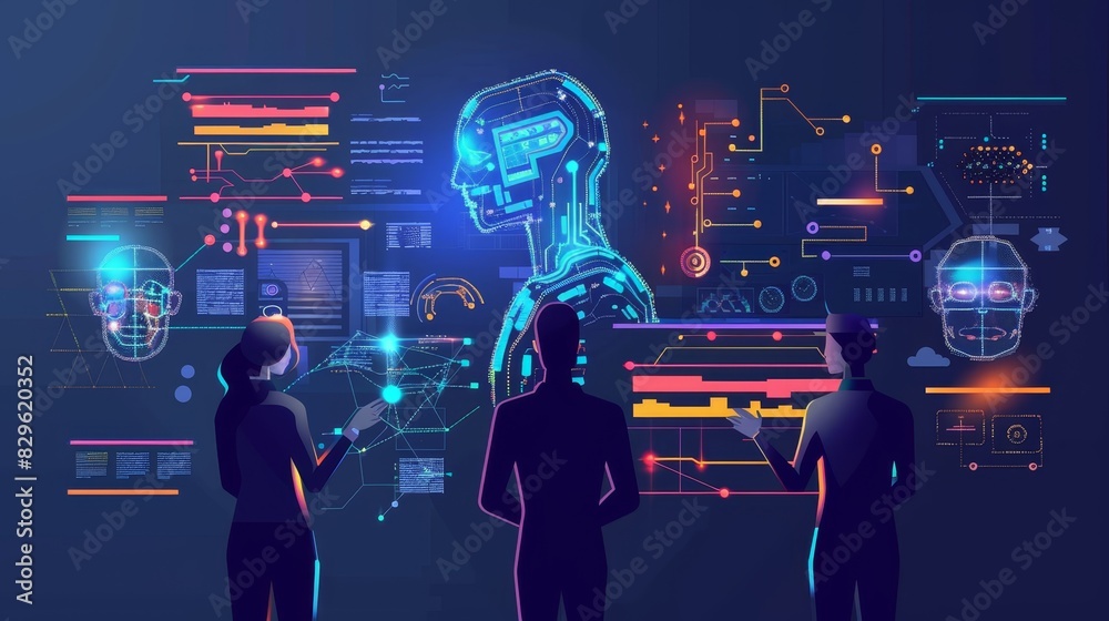Poster futuristic ai technology with people analyzing data and a digital humanoid. advanced artificial inte