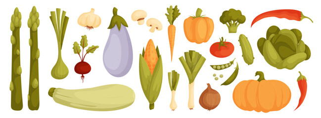 Cartoon Vegetables Collection. Colorful and Detailed Illustrations of Fresh Vegetables Including Asparagus, Eggplant, Corn, and More. Perfect for Healthy Eating Promotions and Educational Materials.