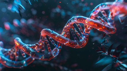 Futuristic 3D rendering of a glowing DNA strand amidst a dark ambient background, highlighting genetic research and biotechnology.