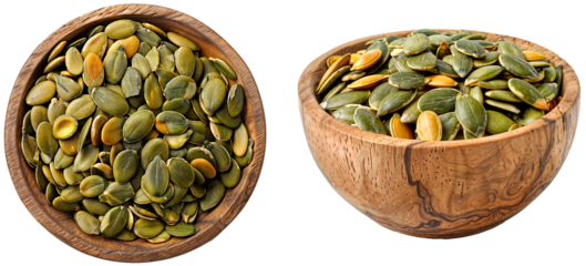 Pumpkin seeds in a wooden bowl collection, side and top view, isolated on a transparent background