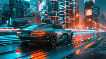 Futuristic car speeding through a neon-lit cityscape at night, reflecting vibrant lights from modern skyscrapers and wet streets.