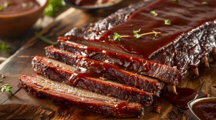 A perfectly cooked juicy brisket smothered in a tangy barbeque sauce ready to be sliced and served...