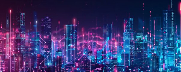Obraz premium Futuristic cityscape with vibrant neon lights and towering skyscrapers, depicting a cyberpunk aesthetic and advanced technology.
