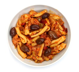 Pasta salad with tuna and vegetables isolated on white background. Top view. 