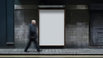 Outdoor blank billboard sign board poster with people passing by. 