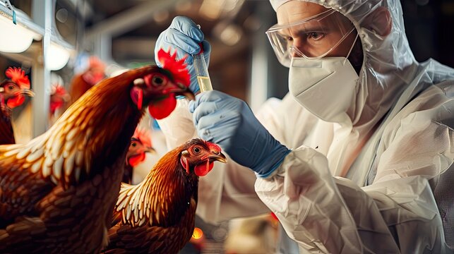 A veterinarian in a protective suit takes tests on animals on a farm. Selective focus.