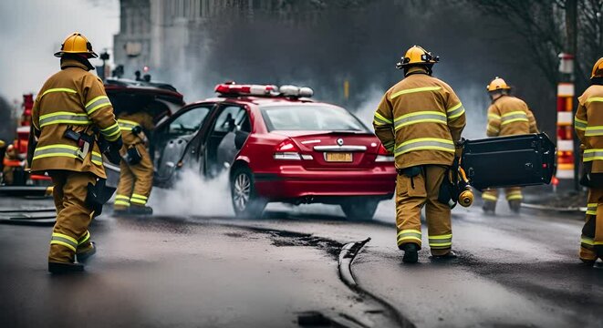 Firefighters in a traffic accident.