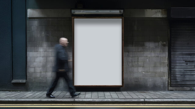 Outdoor blank billboard sign board poster with people passing by. 