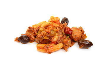 Pasta salad with tuna and vegetables isolated on white background. 