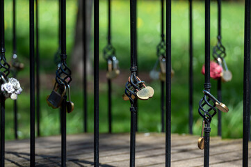 Love Locks Hanging on Black Iron Fence in Shaded Park on a Sunny Day