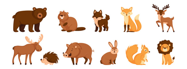 Adorable Cartoon Forest Animals Collection. Bear, Beaver, Fox, Deer, Moose, Porcupine, Boar, Rabbit, Squirrel, and Lion Illustrations for Stock Images