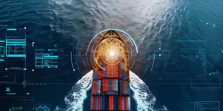 top view of a cargo ship with vessel cruising in deep dark sea, Container ship, international shipping concept