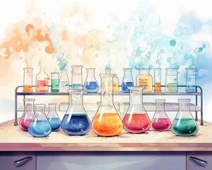 Chemistry lab experiment, flat design, front view, hands-on learning theme, water color, complementary color scheme