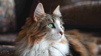 A lovely cat with green eyes sitting indoors