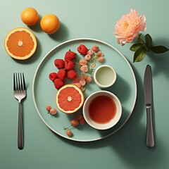 Elegant breakfast table setup, flat design, top view, calm morning theme, 3D render, complementary color scheme
