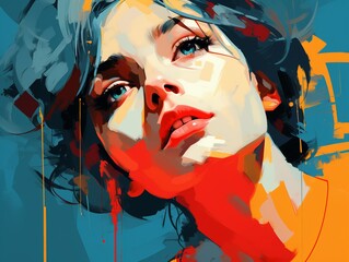 Expressionist portrait with bold colors, flat design, side view, emotional art theme, cartoon drawing, complementary color scheme