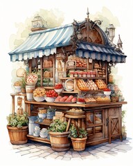 French patisserie food stall, flat design, top view, Parisian street market theme, water color, monochromatic color scheme