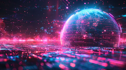Fototapeta premium Metaverse digital world cyber space background, neon colorful global world in cyber space, future energy power technology and internet connection concept