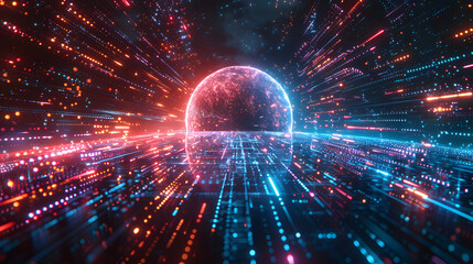 Metaverse digital world cyber space background, neon colorful global world in cyber space, future energy power technology and internet connection concept