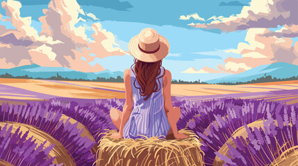 Woman sitting on hay bale in lavender field background view