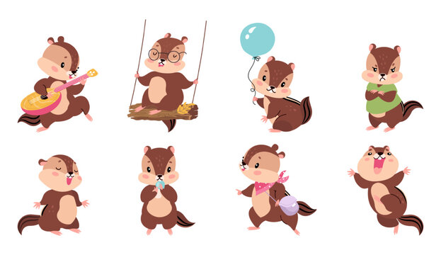 Cartoon chipmunk set. Isolated cute chipmunks different activities. Emotional animal play and eat, sing and has fun. Funny nowaday vector characters