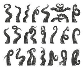Black octopus tentacles. Kraken octopuses tentacle, squid sea body parts. Monochromatic ocean animal details, cartoon neoteric vector icons © MicroOne