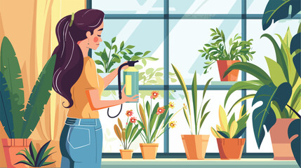 Woman spraying beautiful houseplants near window at