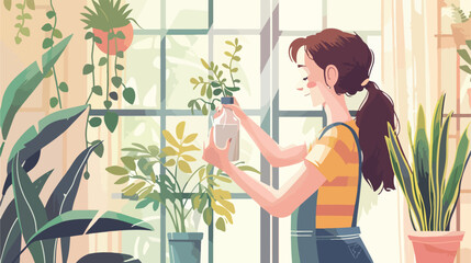 Woman spraying beautiful houseplants near window at