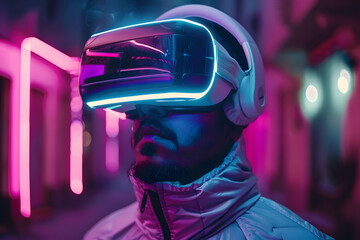Man wear VR Glasses in metaverse world futuristic technology concept