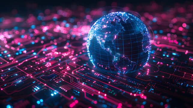 Metaverse digital world cyber space 3D rendering background, neon colorful global world in cyber space, future energy power technology and internet