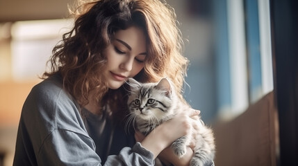 A woman adopt the cat in animal shelter, animal homeless