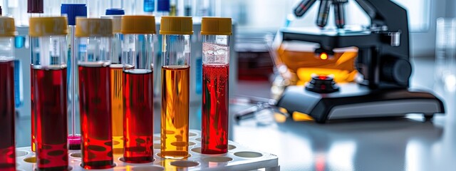 Test tubes on the background of a microscope in the laboratory. Selective focus.