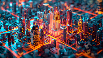High tech data network color grids over miniature cityscape with cinematic coloring