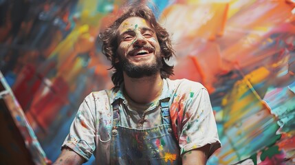 Joyous Young Painter Crafting Vibrant Colors on Canvas in Spacious Studio