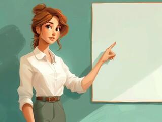 Illustration of professional woman pointing at blank whiteboard, suitable for educational or business presentations.