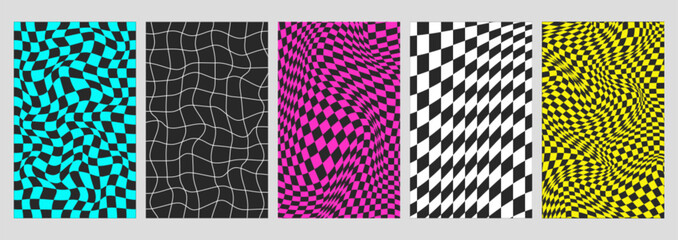 Psychedelic checkerboard backgrounds set with warped wavy grid tile. Twisted checkered seamless geometric pattern in groovy y2k style. Color chessboard posters with distortion effect, optical illusion