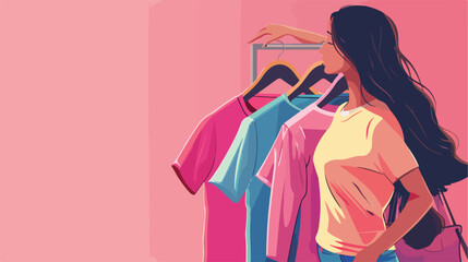 Woman taking stylish t-shirt from rack on pink background