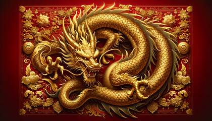 A stunning image of a golden dragon intricately designed against a rich red background, adorned with detailed floral patterns