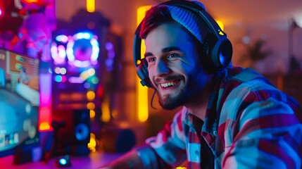 Fototapeta premium Vibrant Portrait of a Joyful Young Video Game Writer Crafting Compelling Stories