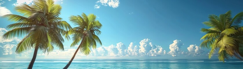 Obraz premium Scenic tropical beach with palm trees, clear blue sky, and calm ocean. Perfect vacation destination for relaxation and paradise seekers.
