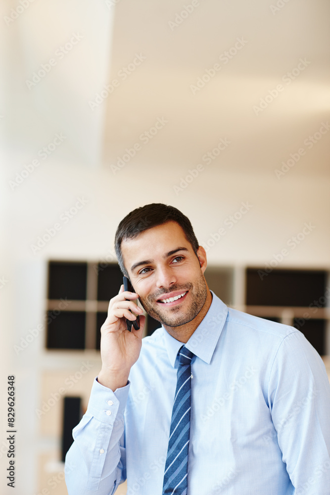 Canvas Prints Businessman, thinking and networking phone call in office as real estate investor for deal, planning or decision. Male person, face and cellphone for property loan with client, trust or commission