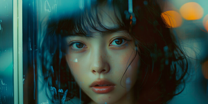 Behind Glass: Pensive Japanese Woman with Stylish Fringe, Album Cover Aesthetic