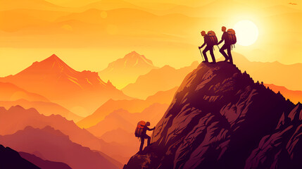 Silhouette of Businessman Climbing Mountain and Helping at Sunset assistance concept Work as a team Conquer the goal Vector illustration
