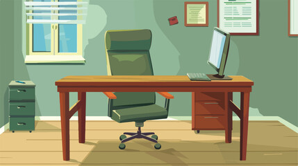 Wooden table with office chair in room Cartoon Vector